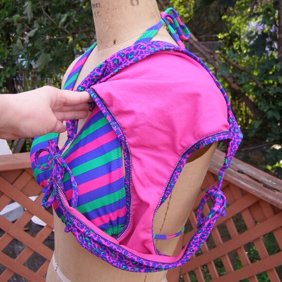 NEW size L/XL Xhilaration Reversible 2pc Swim Suit Animal Print/Striped Hot Pink - Picture 9 of 9